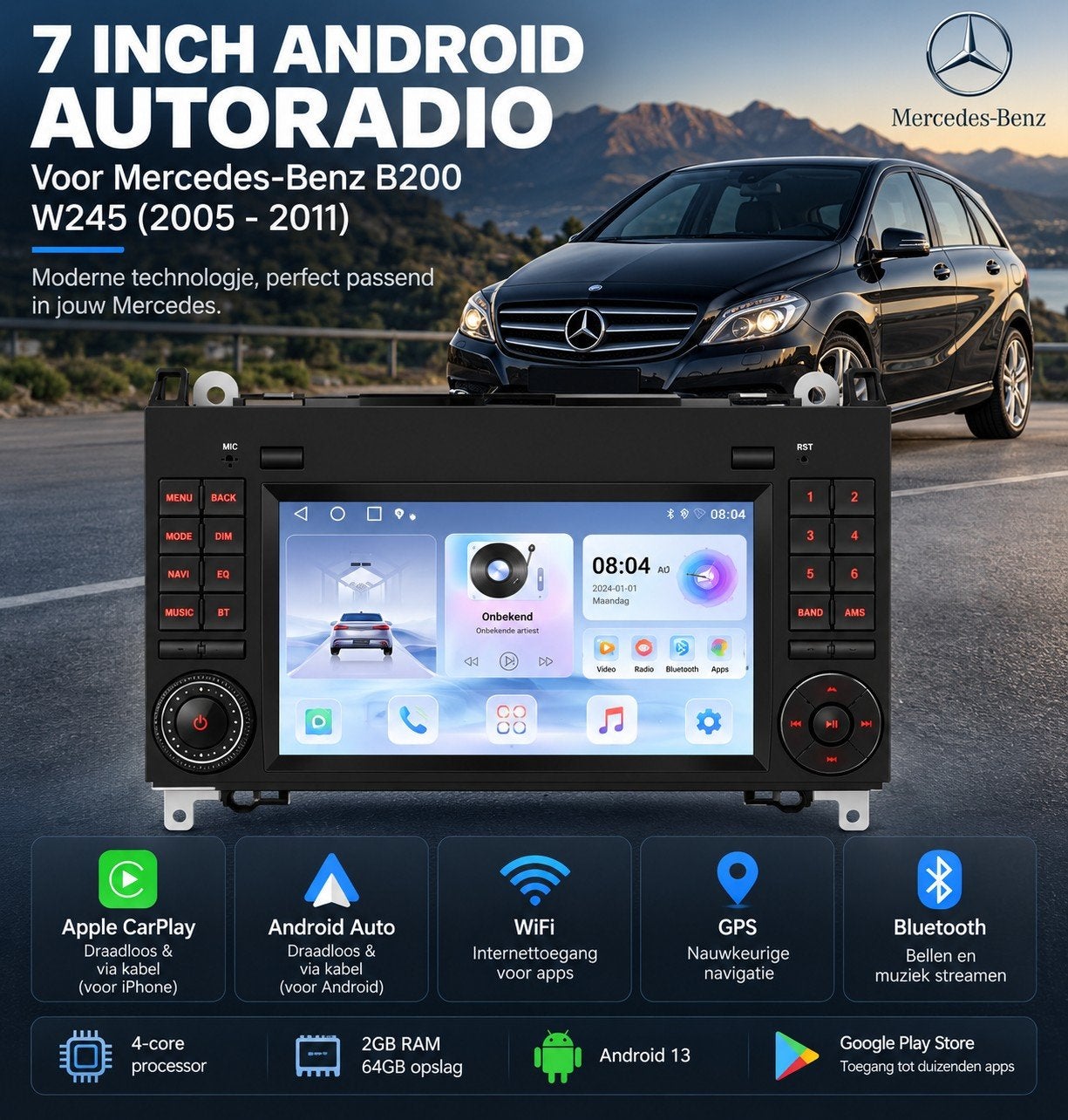 7 inch Android Autoradio voor Mercedes-Benz B200 W245, Ophalen of Verzenden, Nieuw