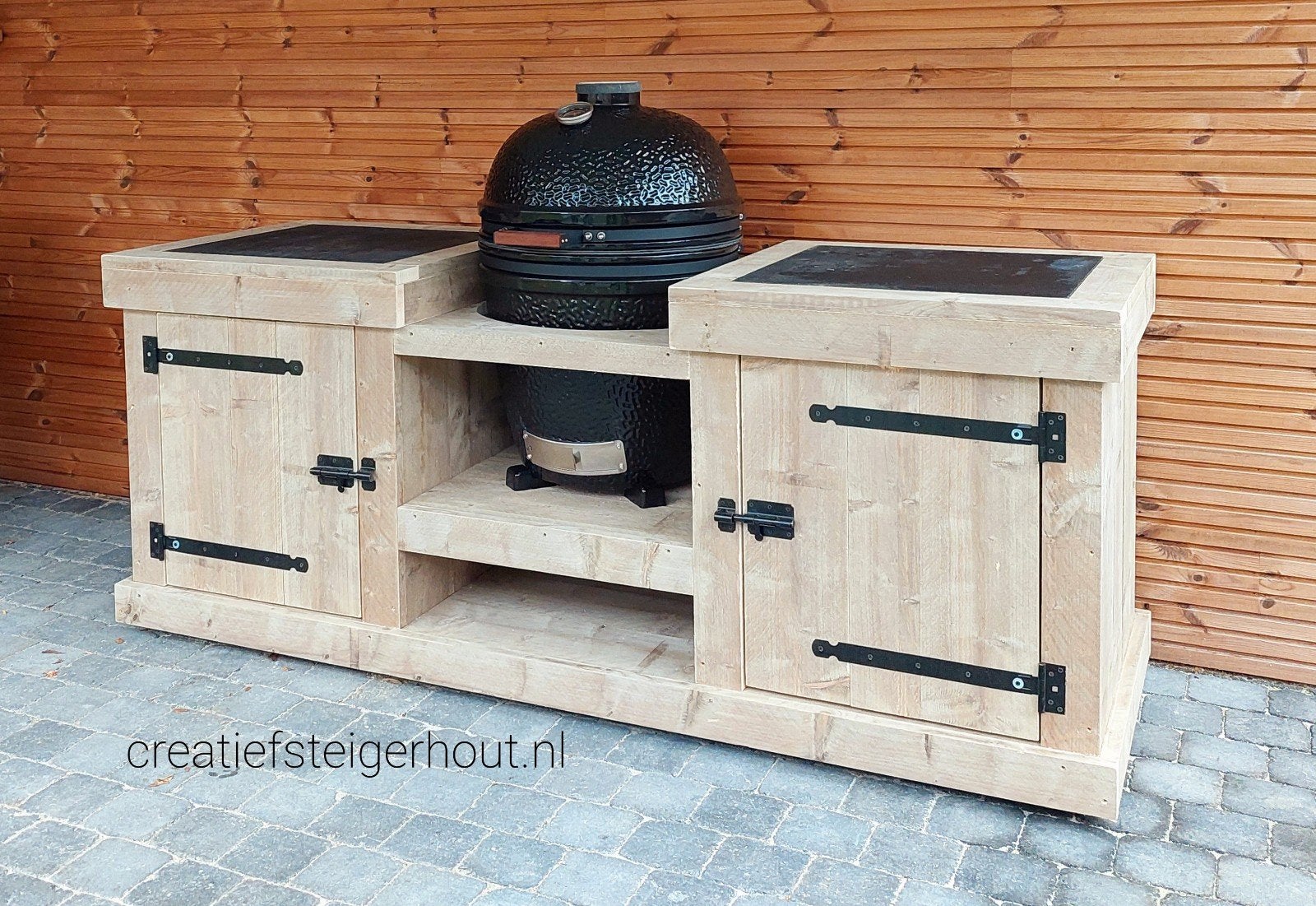 Steigerhouten buitenkeuken egg kamado overkapping wielen bbq, Verzenden, Nieuw, Houtskool, Inbouw