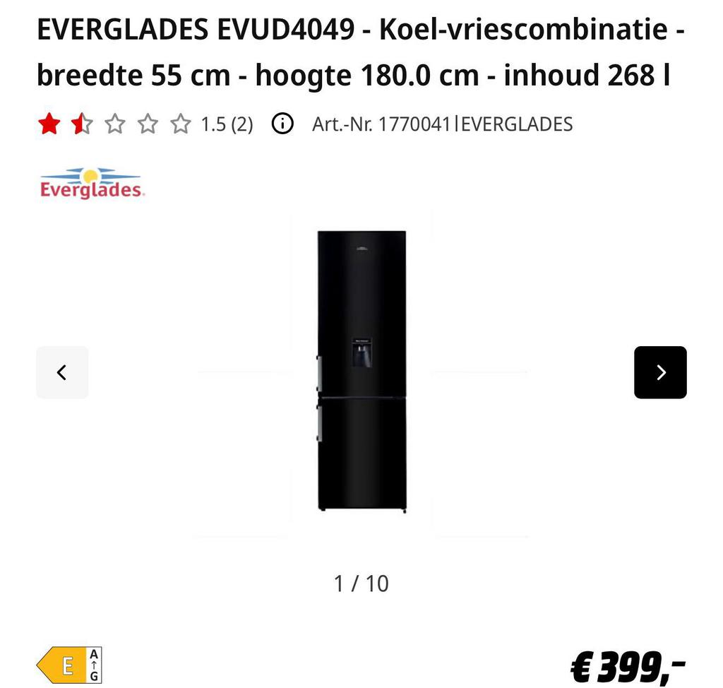 EVERGLADES KOELKAST ZGAN EVUD4049, Zonder vriesvak, 200 liter of meer, Zo goed als nieuw, 160 cm of meer