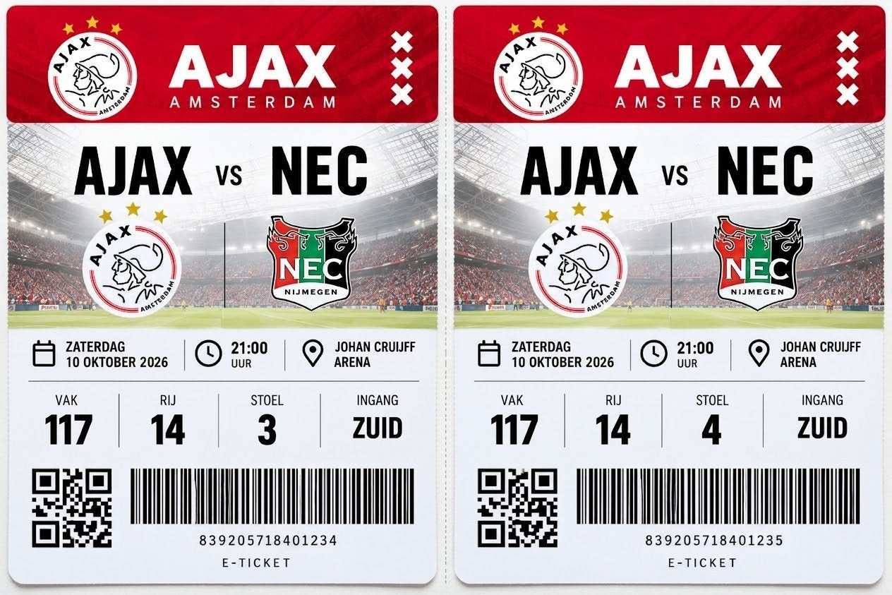2 tickets ajax-nec naast elkaar vak 117 rij14 10 oktober, Twee personen, Oktober