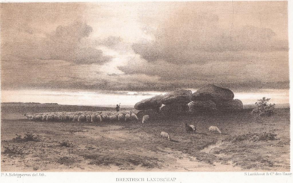 Drentsch Landschap Litho Schipperus 1884 Hunebed Heide Schap, Antiek en Kunst, Origineel, 1800 - 1899, Ophalen of Verzenden, 12 cm