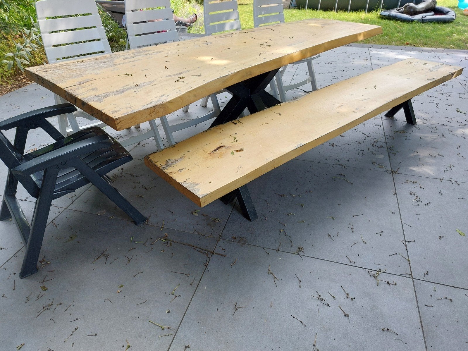 Boomstam tafel met bijpassende zitbank 3mtr. 74cm hoog, Ophalen, Zo goed als nieuw, Rechthoekig, Hout