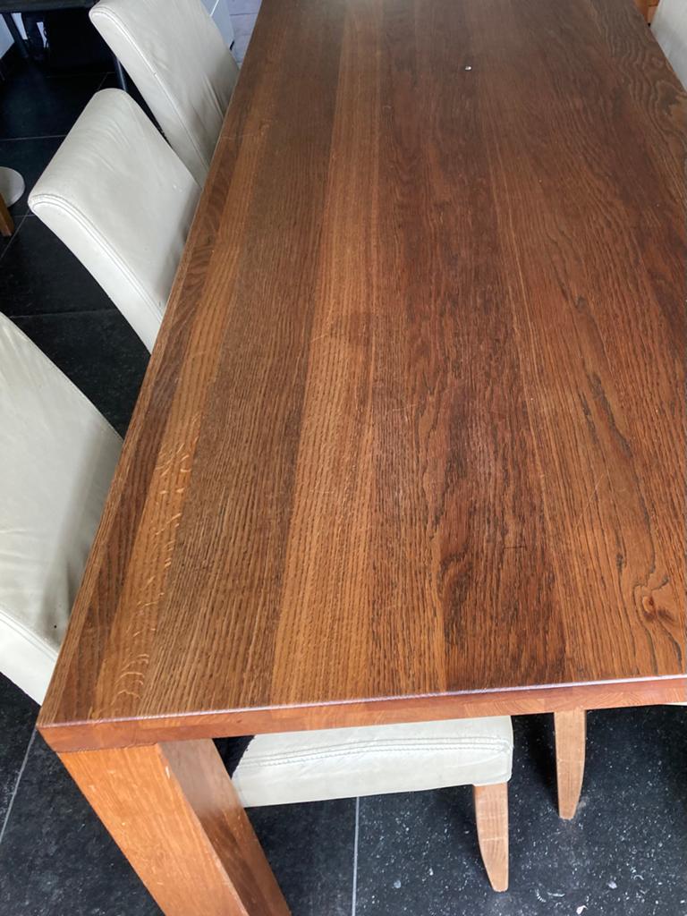 Mooie eiken tafel, zes stoelen en handgemaakt indische  kast, Gebruikt, 200 cm of meer, Rechthoekig, 50 tot 100 cm