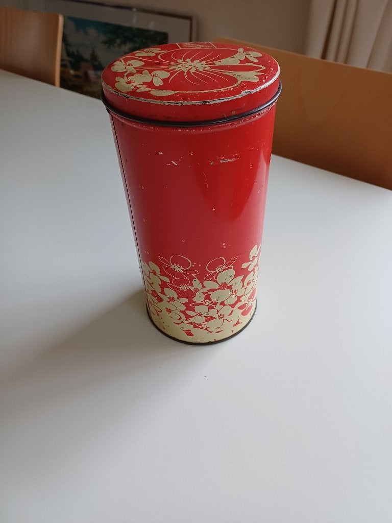 Een charmante vintage beschuitbus van Hooimeijer, Gebruikt, Ophalen of Verzenden, Voorraadpot, Metaal
