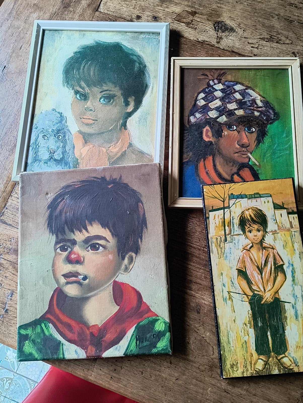 Set van 4 Vintage Schilderijen: Portretten van Kinderen, Doek, Portret of Personen, Realistisch, Ophalen of Verzenden