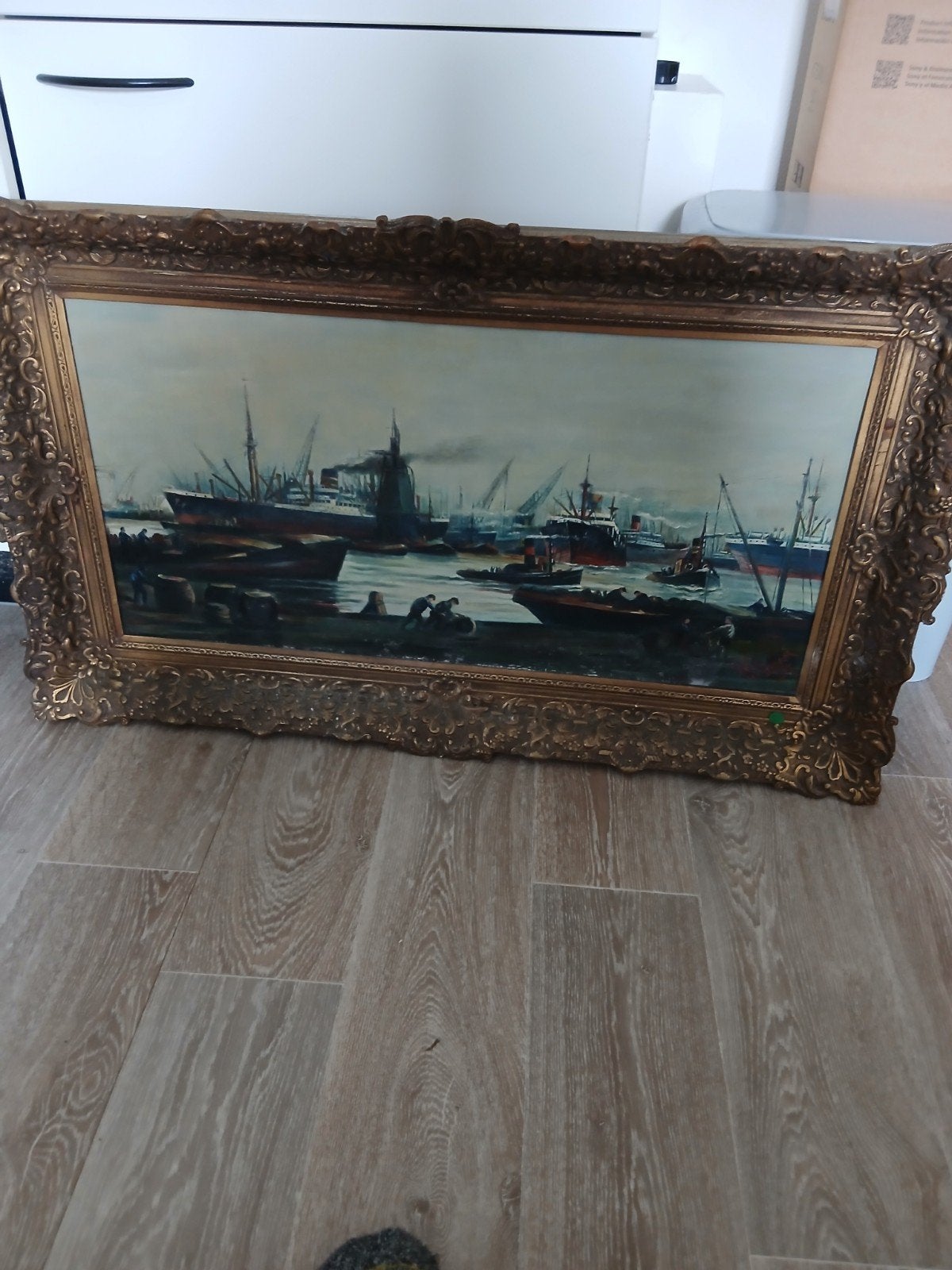 Groot Schilderij Havenzicht met Schepen en Gouden Lijst, Ophalen