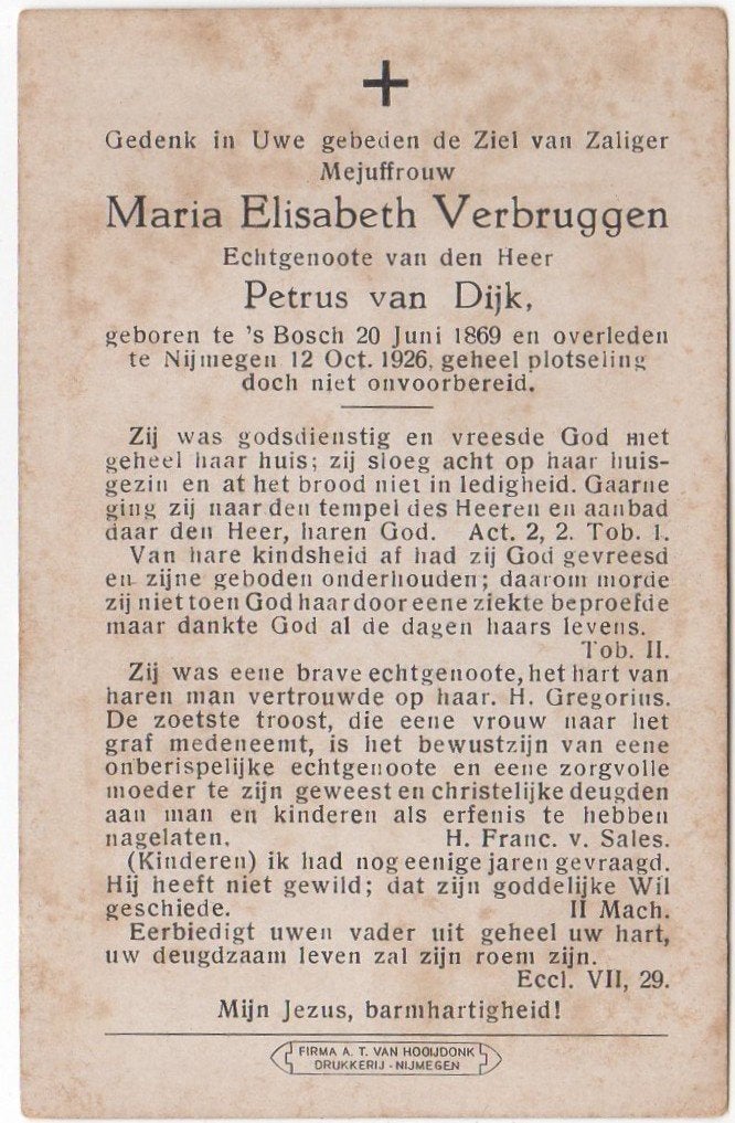 Maria E. Verbruggen 1869 Den Bosch + 1926 Nijmegen, 57 jaar, Verzenden