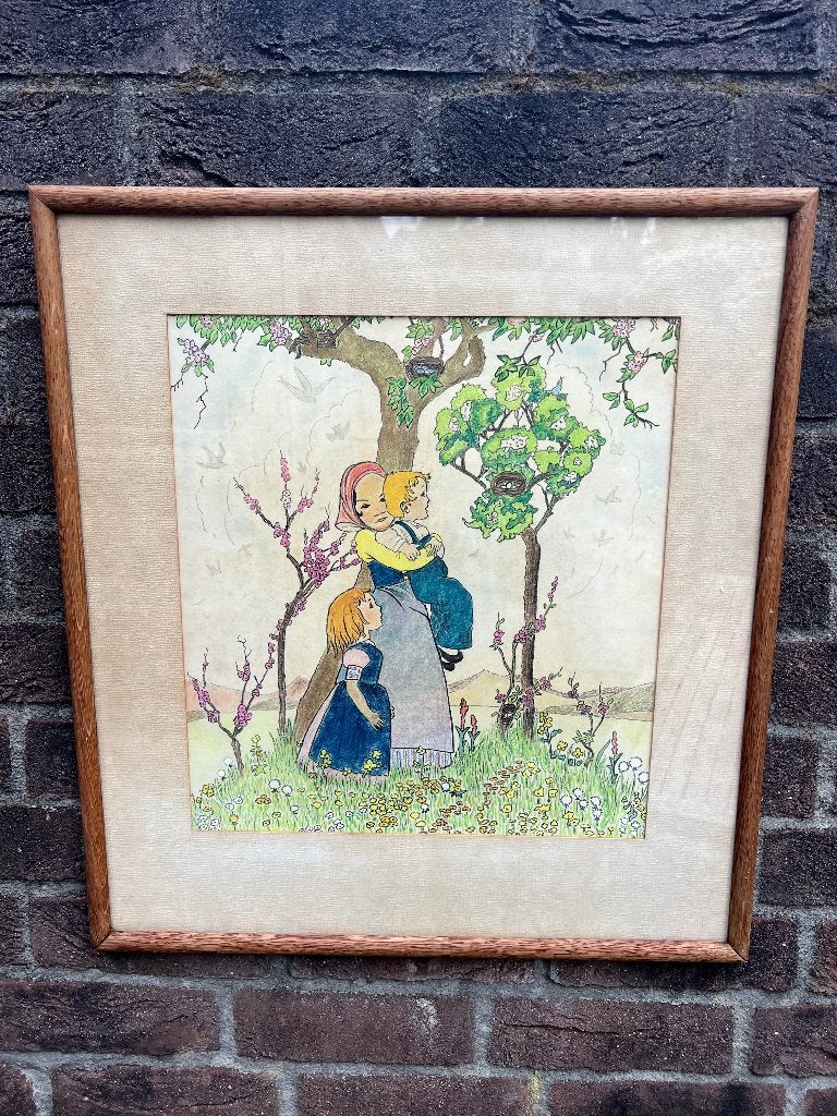 Vintage prent 'Mei, bloeimaand' door Rie Cramer, Ophalen of Verzenden, Tekening, Prent, Ingelijst