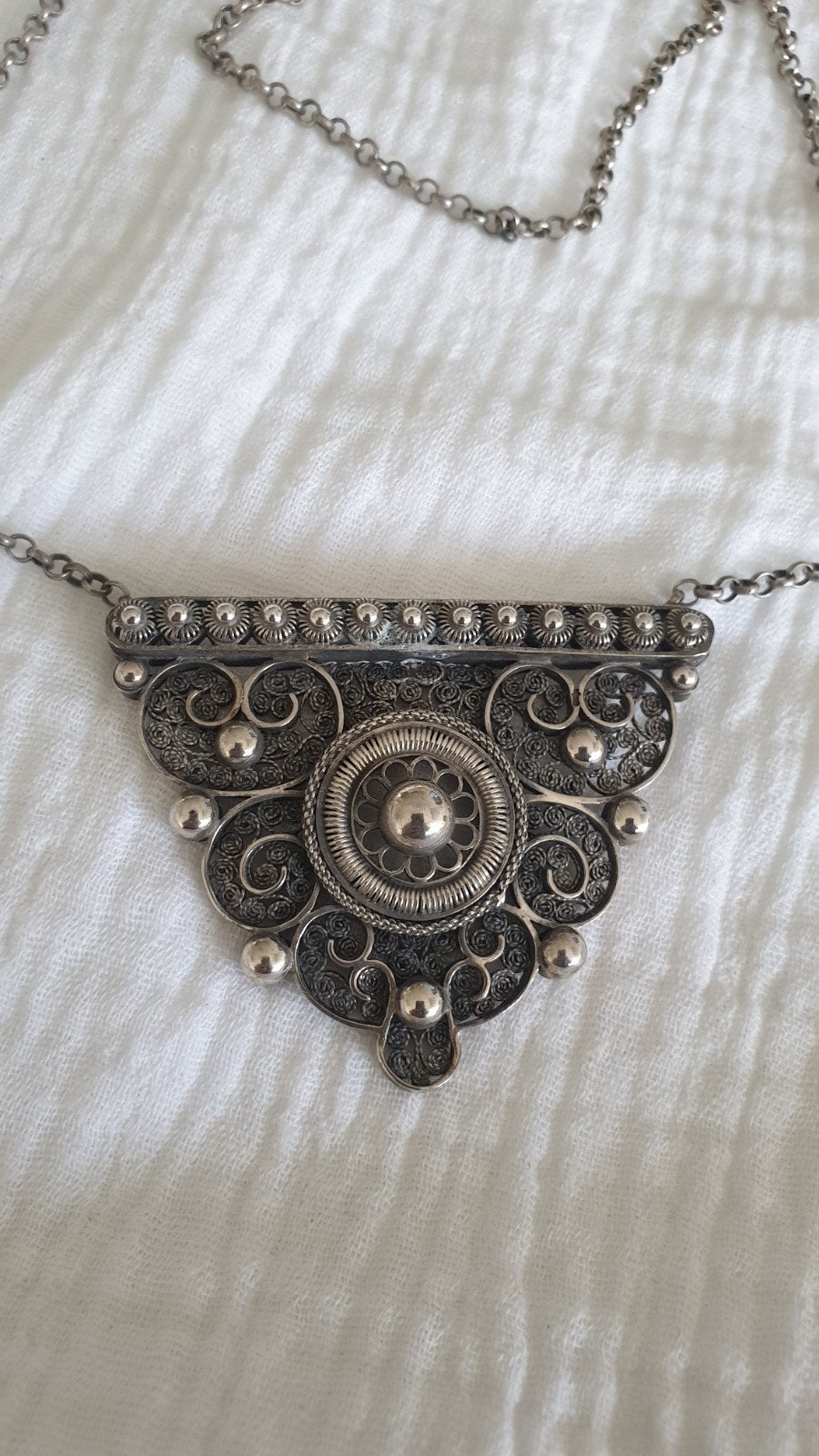 Antieke jasseron zilveren Zeruwse knop ketting met grote han, Ophalen of Verzenden, Zilver, Ketting