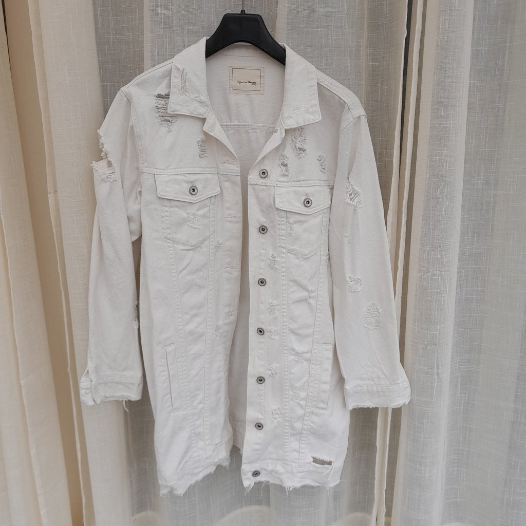 denim jeans jasje lang wit scheuren hippie boho ibiza, Wit, Maat 42/44 (L), Ophalen of Verzenden, Zo goed als nieuw