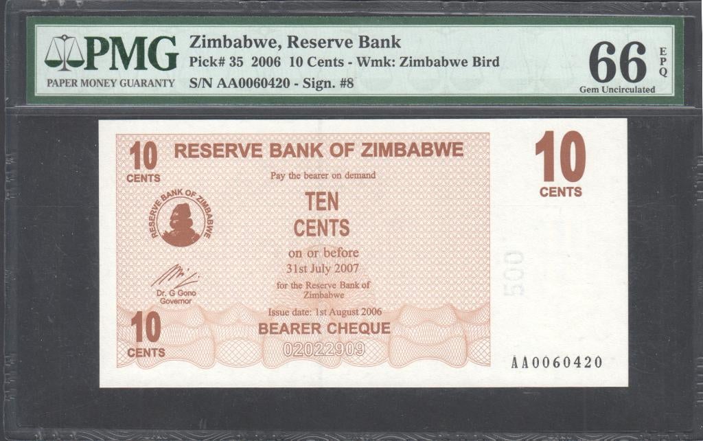 Zimbabwe 10 Cents 2006 Bearer Cheque PMG 66 EPQ, Verzenden, Zimbabwe, Los biljet