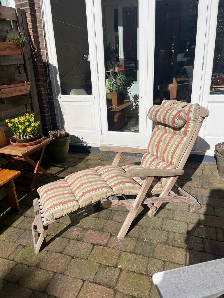teakhouten deckchair met voetensteun inclusief kussen, Tuin en Terras, Tuinstoelen, Ophalen, Zo goed als nieuw, Teakhout, Verstelbaar