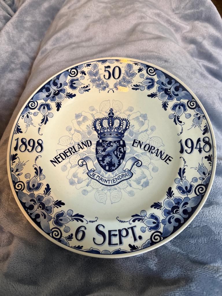 Delfts Blauw Herdenkingsbord Koningin Wilhelmina 1898-1948, Verzamelen, Ophalen of Verzenden, Gebruikt