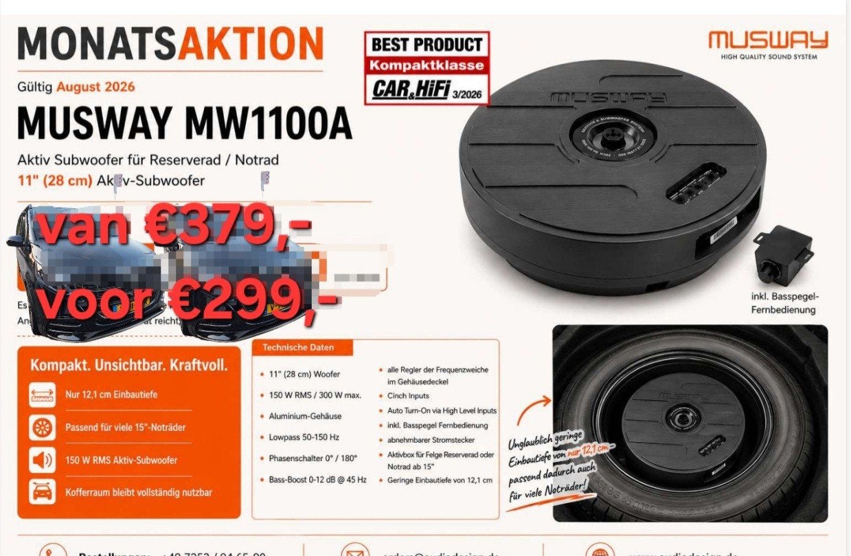 Musway MW1100A actieve reservewiel subwoofer 150W RMS, Ophalen of Verzenden, Nieuw