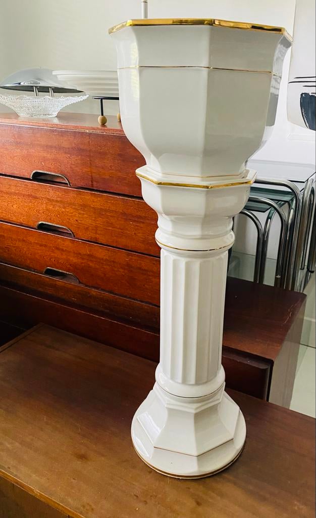 Vintage keramische plantenzuil met pot, wit en goud, Ophalen, Gebruikt