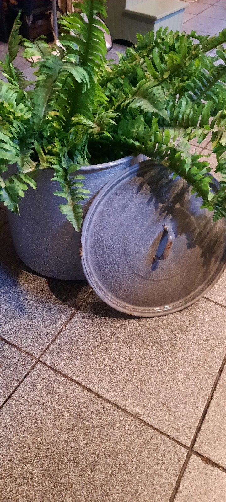 Grote vintage emaille pan met deksel - Grijs gemarmerd, Ophalen of Verzenden
