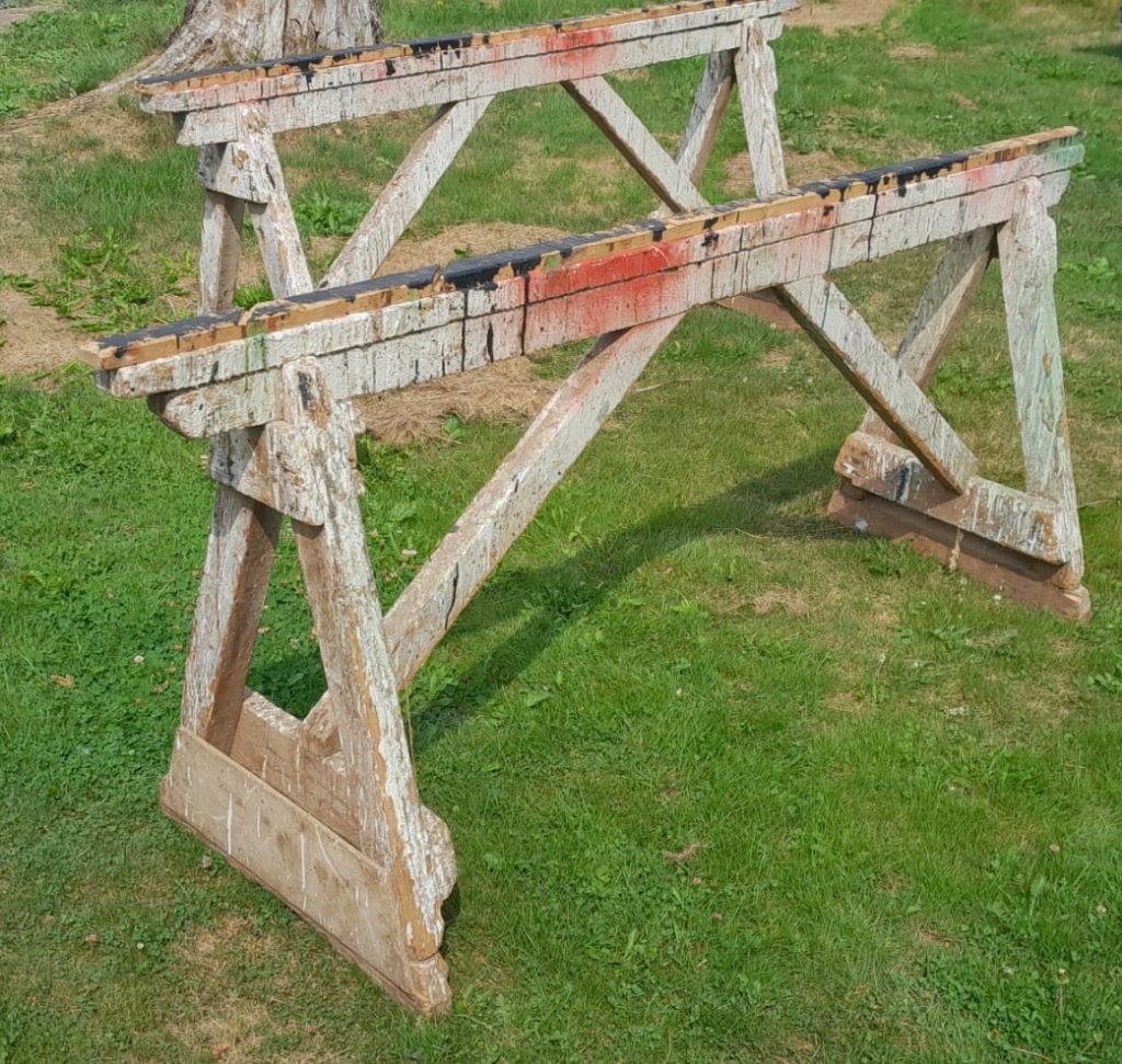 2 grote, houten schragen 2.14m, Doe-het-zelf en Verbouw, Werkbanken, Ophalen, Gebruikt, 170 cm of meer