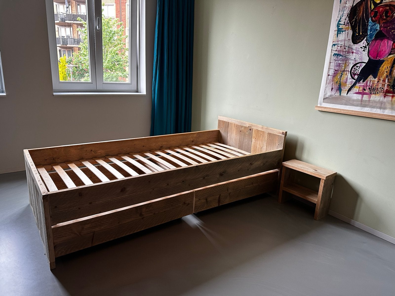 Steigerhouten eenpersoonsbed met lades, Ophalen, Gebruikt, 90 cm, Eenpersoons