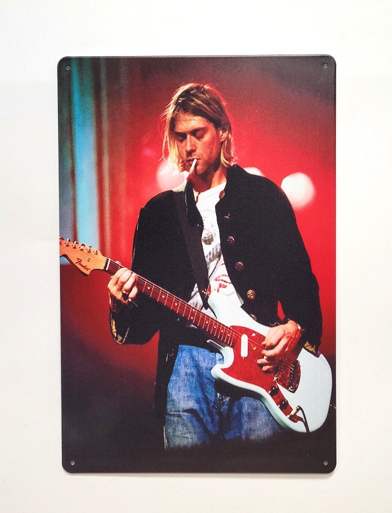 Kurt Cobain Nirvana Gitaar reclamebord van metaal wandbord, Info@deconoord.nl, Deco Noord, Nieuw, Ophalen of Verzenden