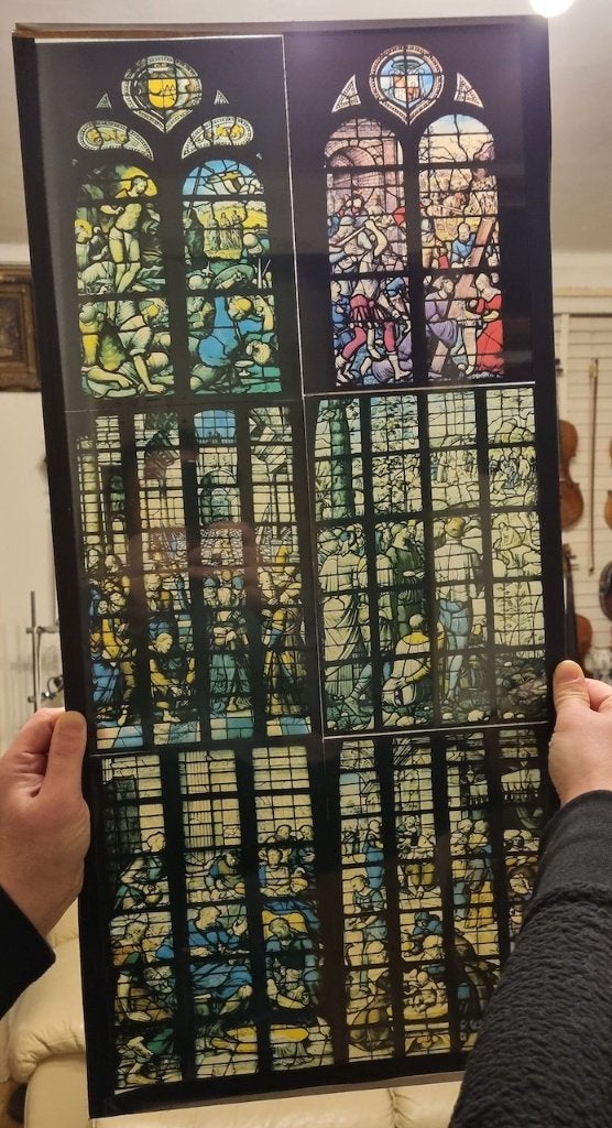 2 zware religieuze glazen panelen Bijbelse voorstellingen., Ophalen of Verzenden