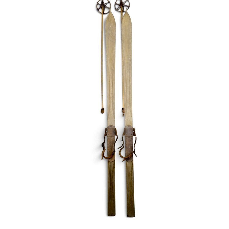 Paar vintage houten ski's met EL-BE bindingen en skistokken, Overige merken, 160 tot 180 cm, Gebruikt, Ophalen of Verzenden