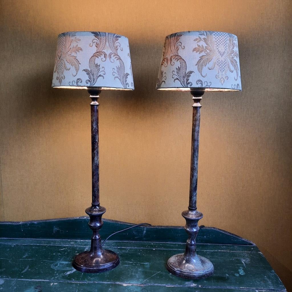 Set van 2 Vintage Tafellampen met Bronzen Patina Voet, Ophalen of Verzenden