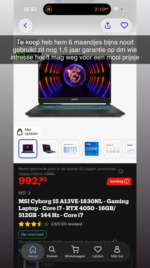MSI Cyborg 15 A13VE Gaming Laptop - i7, RTX 4050, 16GB, Ophalen, Met videokaart, 2 tot 3 Ghz, Zo goed als nieuw