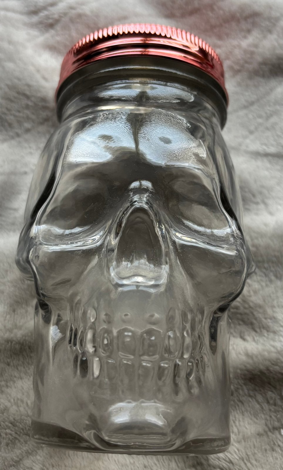 Glazen schedel met schroefdeksel. (+- 15 cm hoog), Ophalen of Verzenden, Gebruikt, Glas