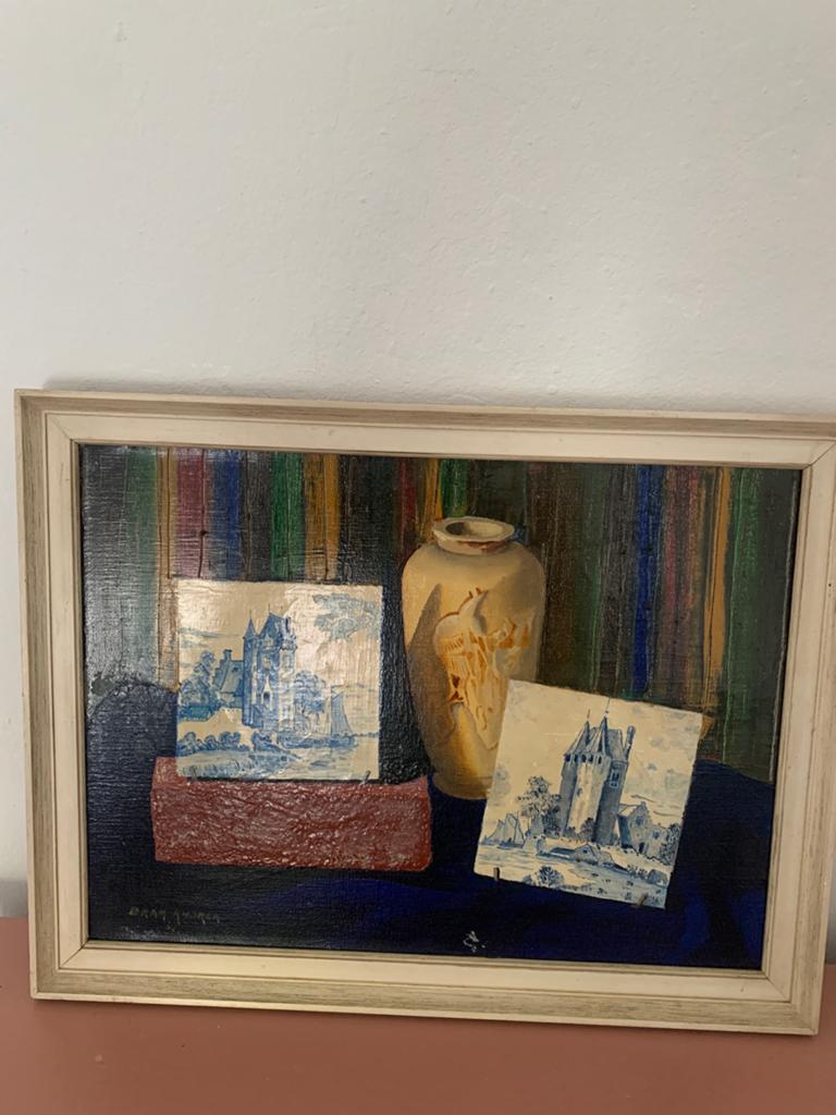 Olieverfschilderij met Delfts blauwe tegels en vaas, Ophalen of Verzenden