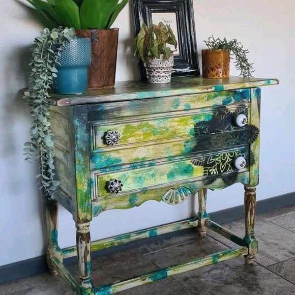 Spaans ladenkastje vintage India Ibiza stijl groen turquoise, Ophalen, Bohemian bohostyle ibiza, 50 tot 100 cm, Zo goed als nieuw
