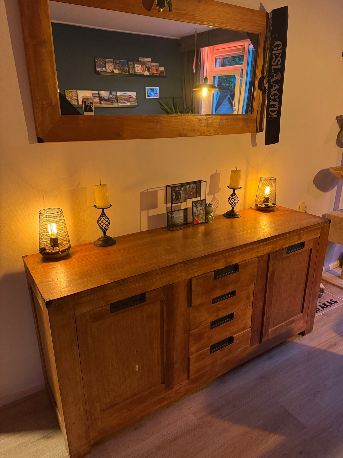 Massief houten dressoir met lades en deuren met spiegel, Ophalen, Gebruikt, 150 tot 200 cm, Met lade(s)