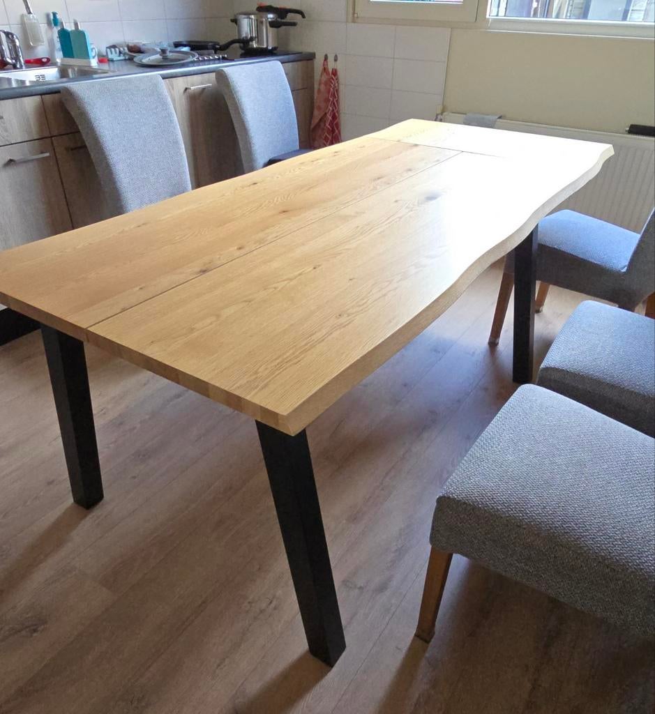 Uitschuifbare Eettafel Eiken/Zwart met Verlengblad, Huis en Inrichting, Tafels | Eettafels, Ophalen, Gebruikt, Eikenhout, 200 cm of meer