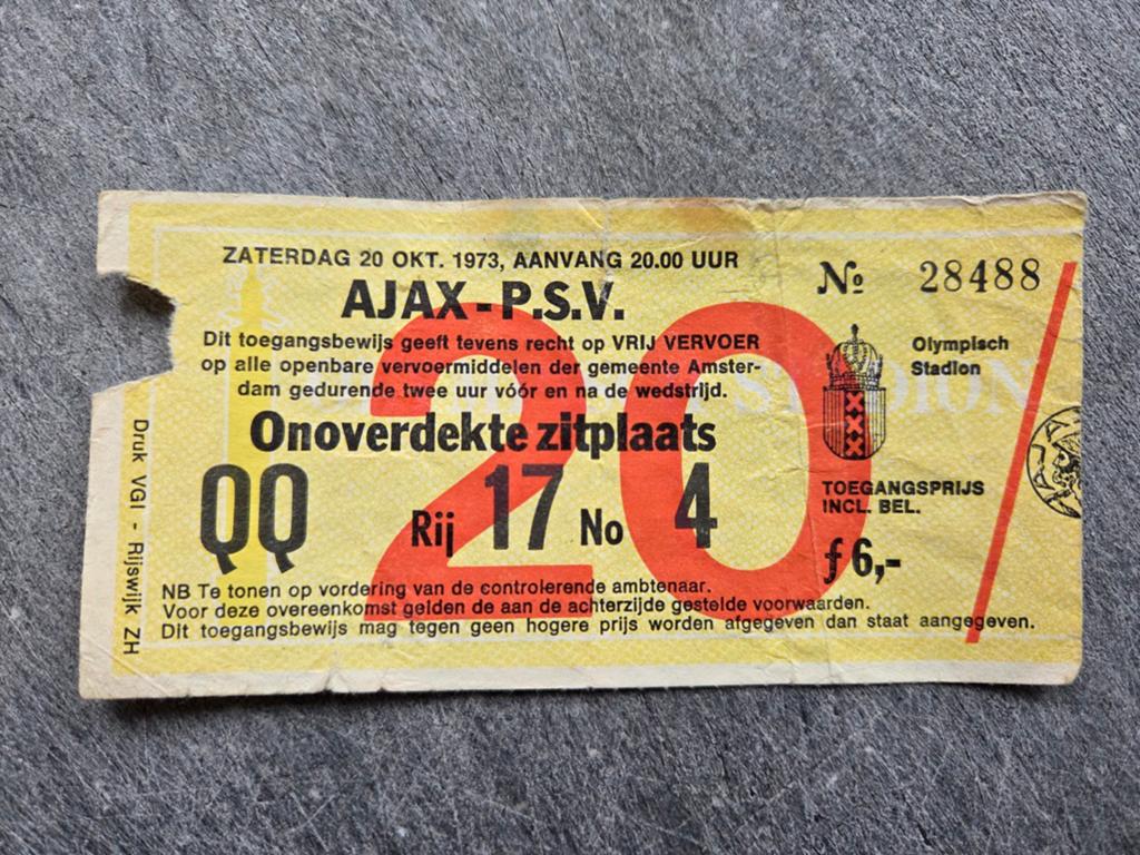Origineel toegangsbewijs wedstrijd Ajax - PSV 1973, Ophalen of Verzenden, Gebruikt, Ajax
