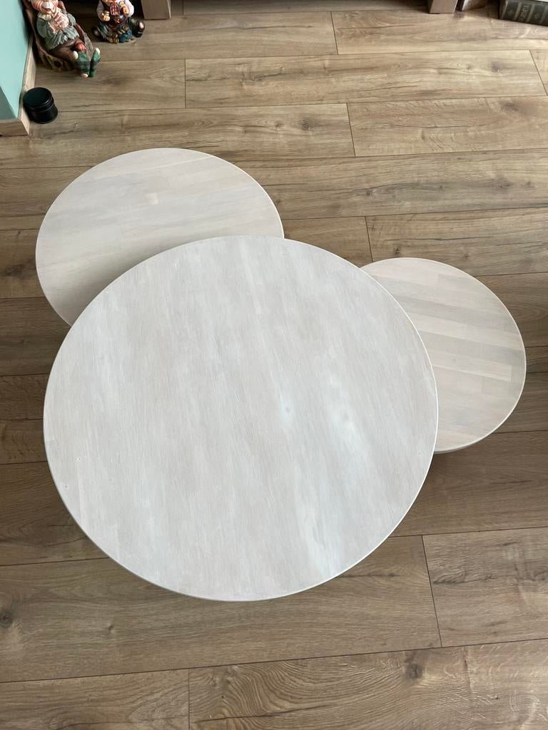 Salontafels set van drie eikenhout white wash, Huis en Inrichting, Tafels | Salontafels, Ophalen, 50 tot 100 cm, Rond, Zo goed als nieuw
