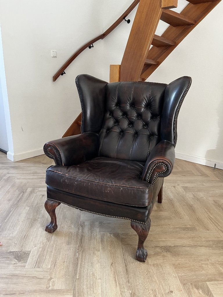 Vintage Chesterfield oorfauteuil, Ophalen, Gebruikt, Vintage Chesterfield, 75 tot 100 cm