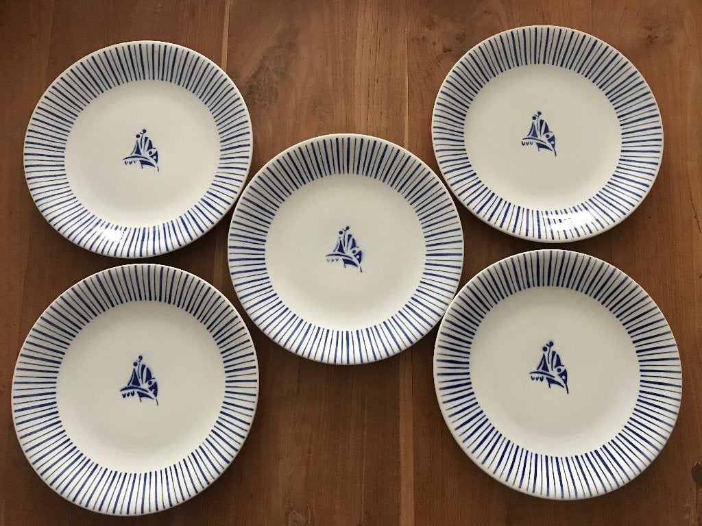 Boch Riviera Set van 5 platte diner borden wit blauw, Ophalen of Verzenden