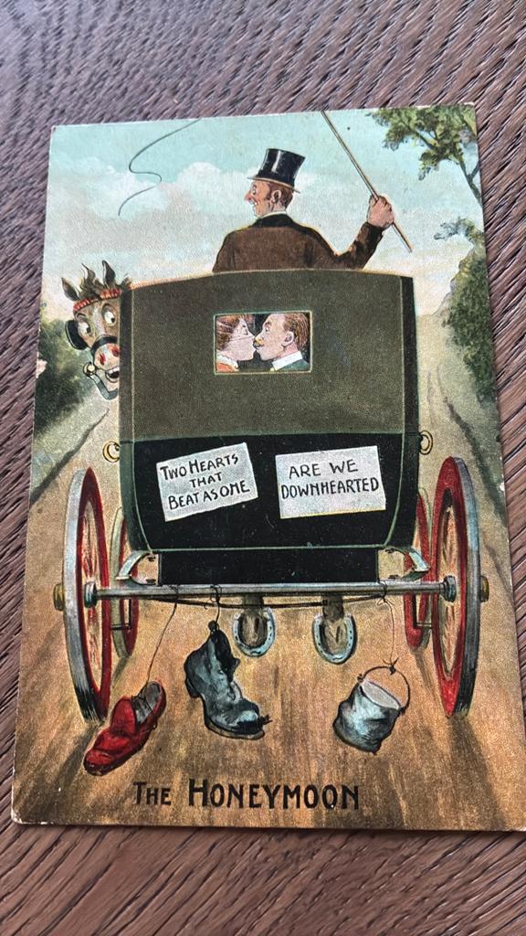 Humor. De huwelijksreis, koetsje,koetsier.paard, Verzamelen, Ophalen of Verzenden, Voor 1920, Gelopen, Overige thema's