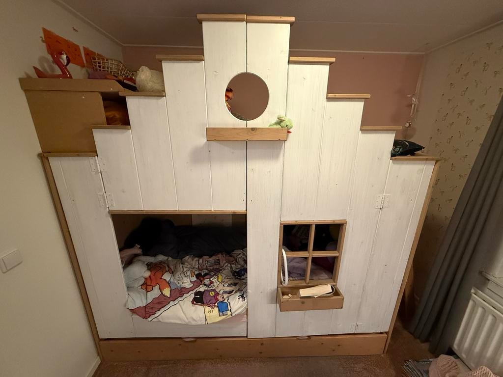 Kinderbed met 2 logeerplekken, massief hout, demontabel, Kinderen en Baby's, Kinderkamer | Bedden, Ophalen, 85 tot 100 cm, Gebruikt