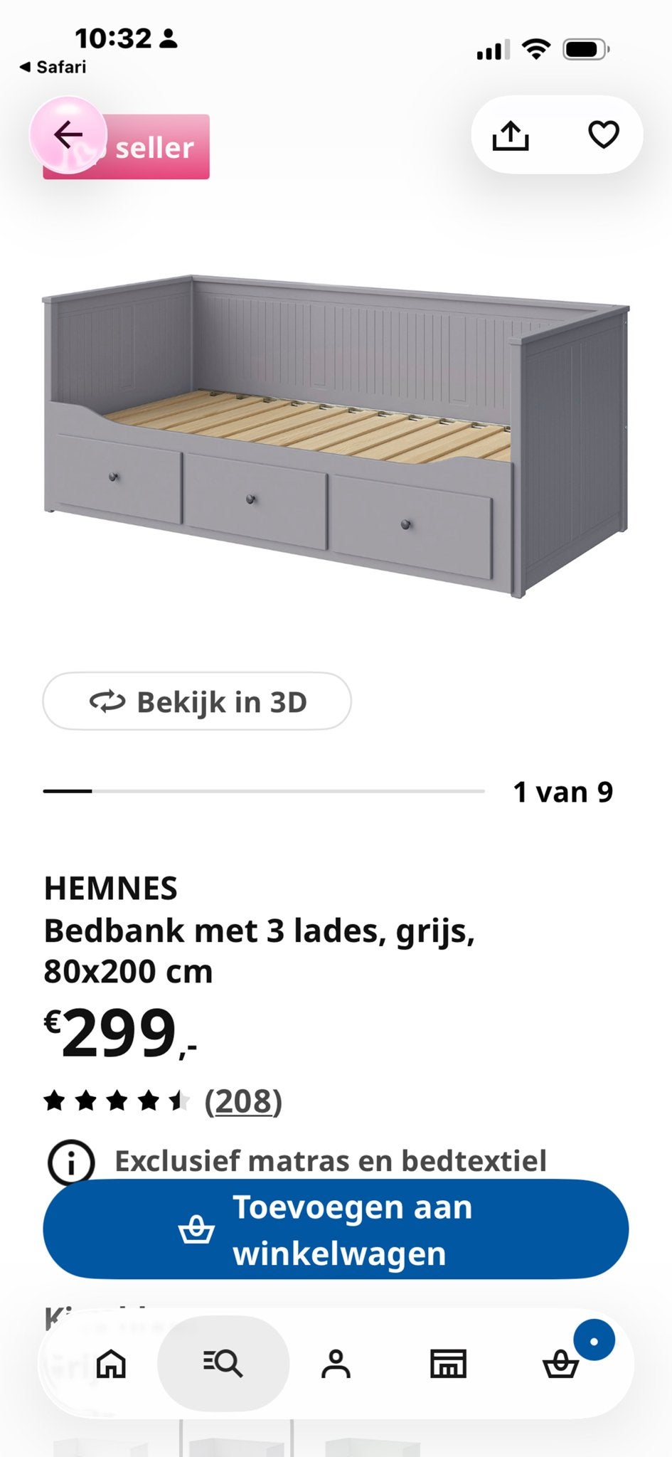 IKEA HEMNES bedbank grijs met matras 90x180, Huis en Inrichting, Ophalen, Gebruikt, 90 cm, Eenpersoons