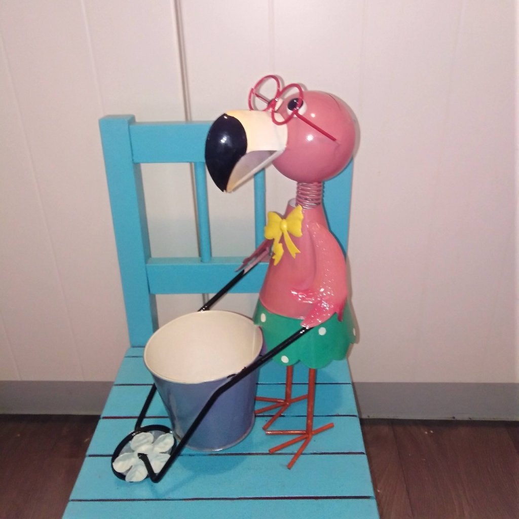 Metalen flamingo met kruiwagen en plantenbakje, Ophalen, Zo goed als nieuw, Metaal, Overige vormen