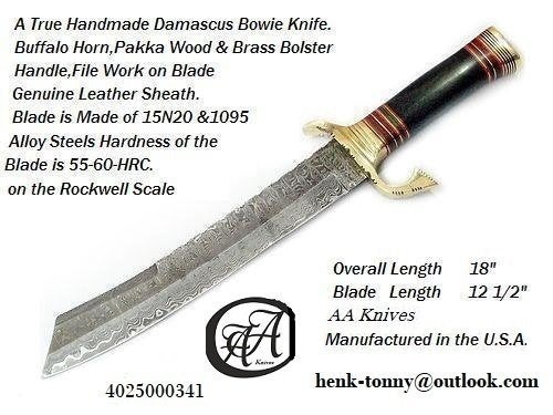 Handgemaakt Damascus Bowie Mes met Buffelhoorn en Pakka Hout, Ophalen of Verzenden, Overige soorten, Amerika, Mes of Dolk