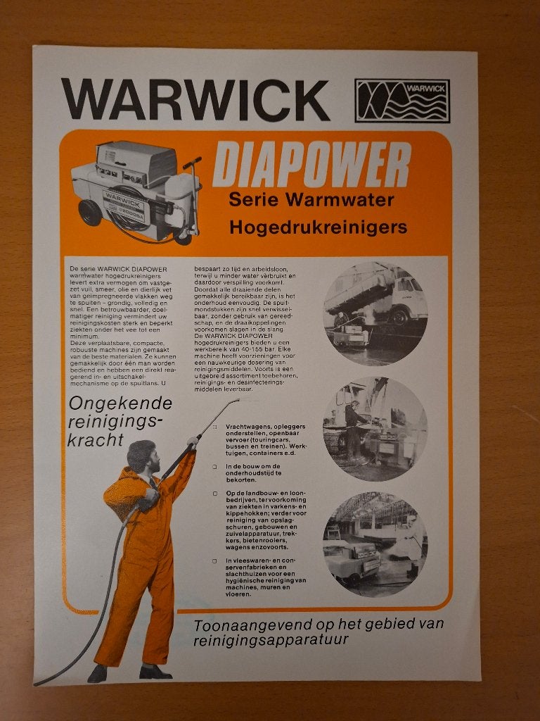 Folder Warwick Diapower serie warmwater hogedrukreinigers, Ophalen of Verzenden, Gelezen, Tractor en Landbouw