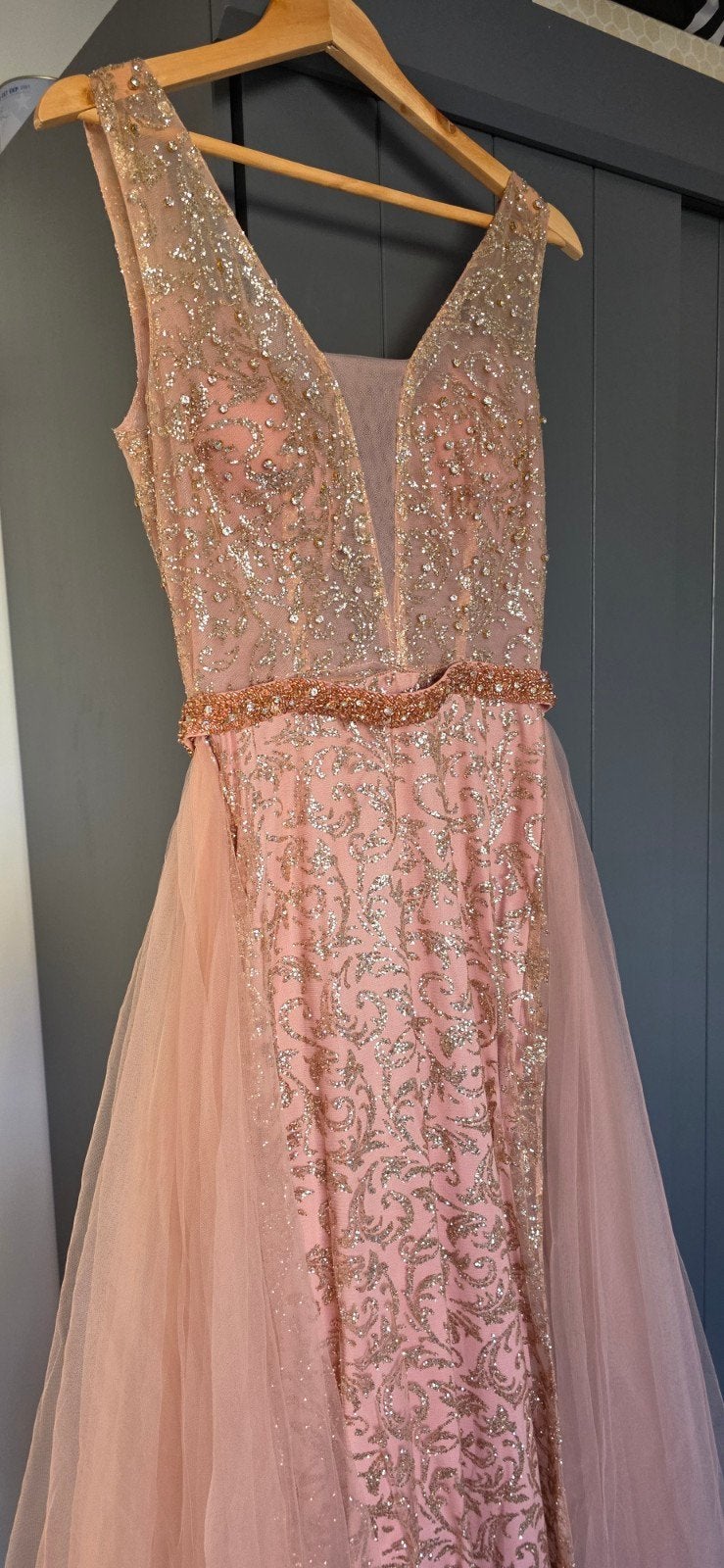Roze galajurk met glitter en tule - Maat 36 (S), Ophalen, Zo goed als nieuw, Roze, Maat 36 (S)