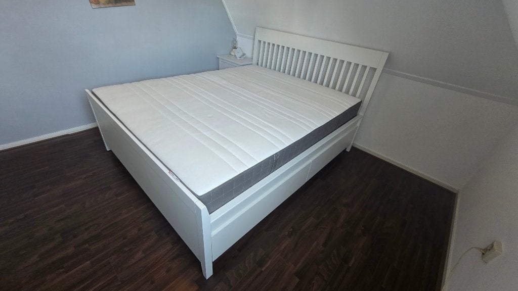 IKEA Idanas bed (160x200) met lades, matras en lattenbodems, Ophalen, Eenpersoons, Wit, Zo goed als nieuw