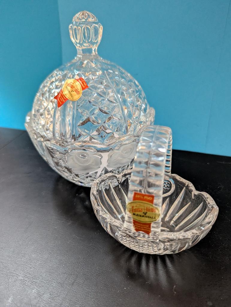 Vintage Anna Hutte bleikristal mandje & schaaltje met deksel, Antiek en Kunst, Ophalen of Verzenden