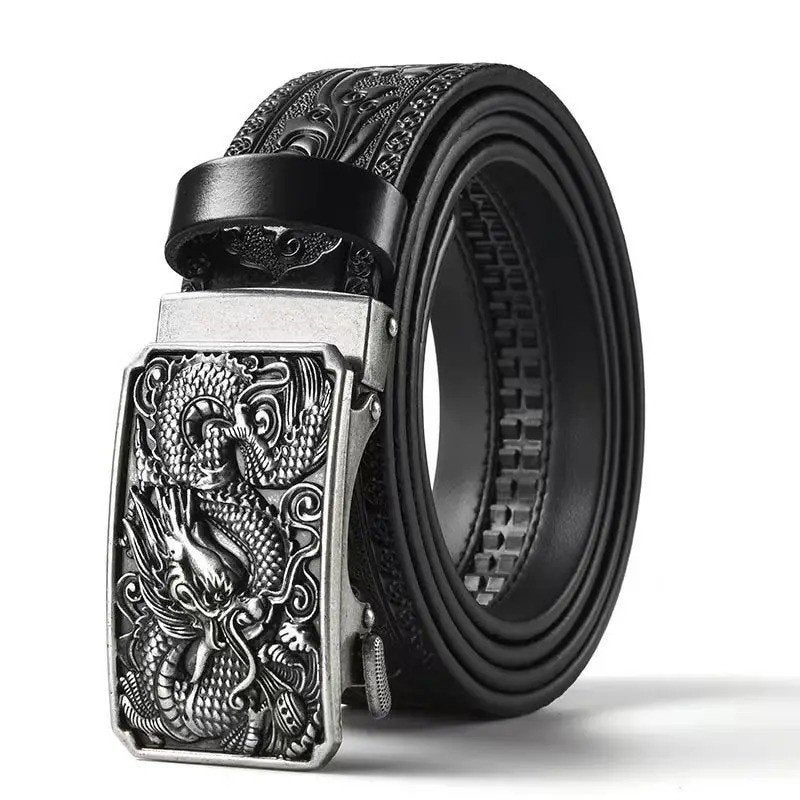 Luxe echt leren heren riem met metalen draken gesp, Ophalen of Verzenden, Echt leder, Zwart, Nieuw