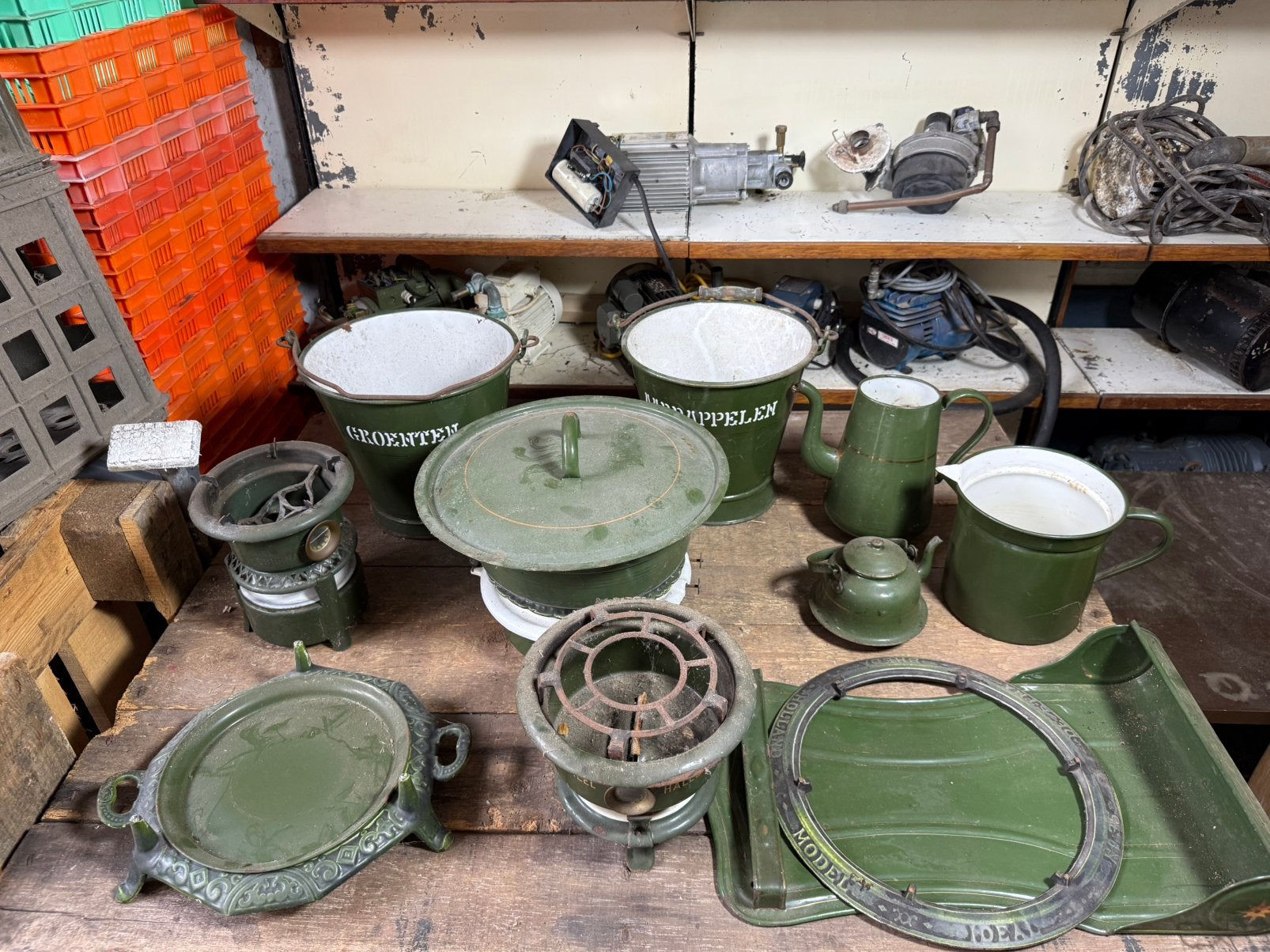 Oude groene emaille keuken set, Antiek en Kunst, Ophalen