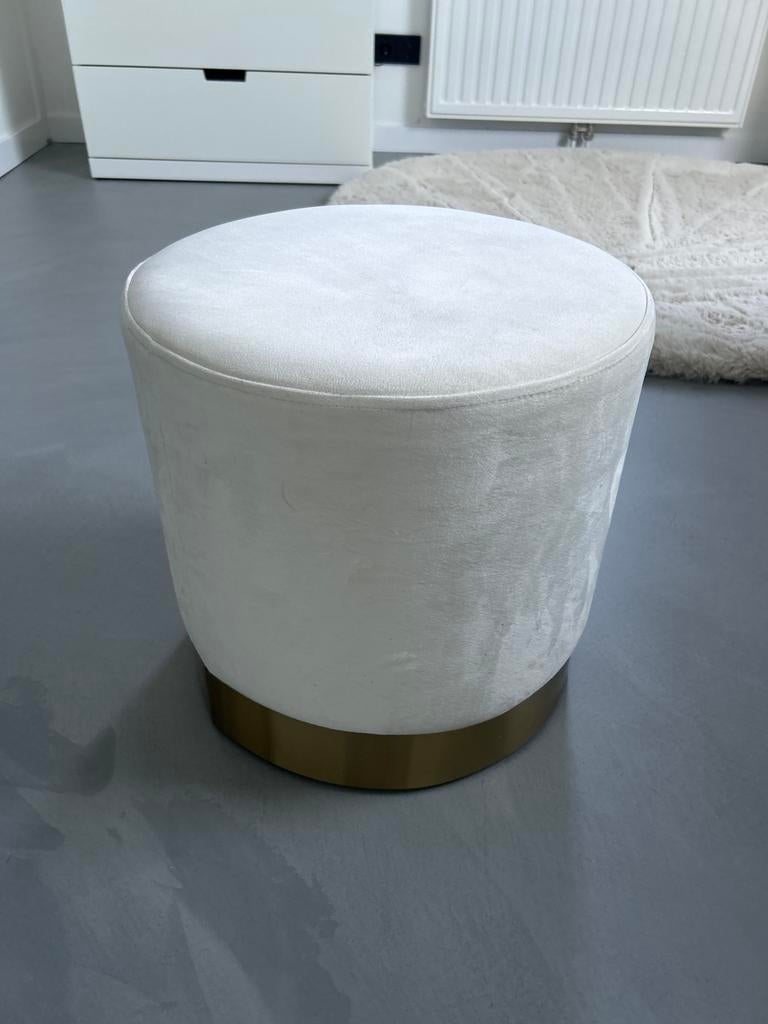 pouf Witte velvet poef cream white met gouden rand, Ophalen, Minder dan 50 cm, Gebruikt, Rond
