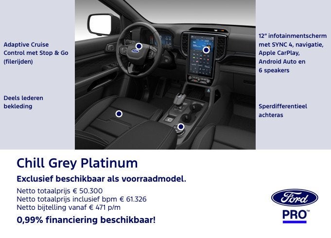 Ford Ranger Chill Grey Platinum Double Cab 2.3 PHEV 279 pk, Auto's, Automaat, 12 maanden, Euro 6, Leder