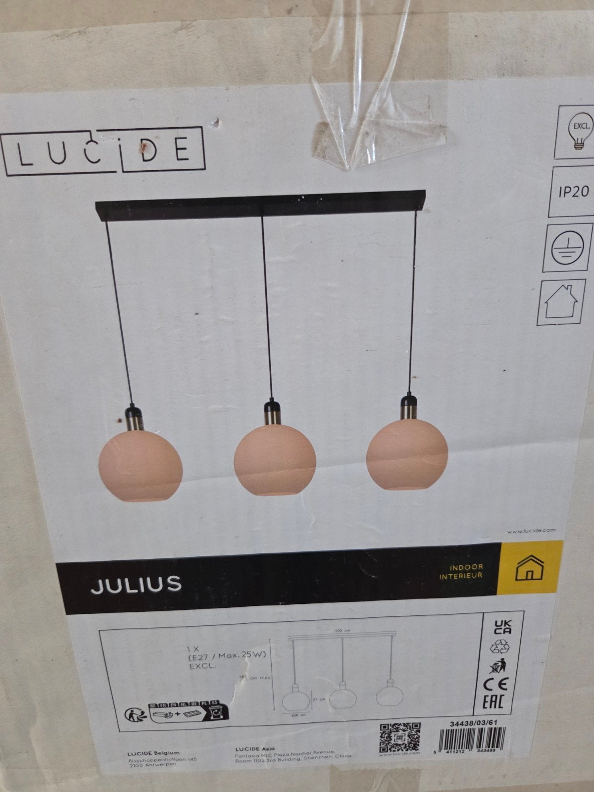 Lucide JULIUS Hanglamp 3-lichts 105 cm – Nieuw, Ophalen of Verzenden, Nieuw, Glas, Modern
